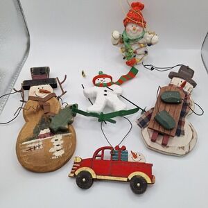 Lot of 4 Primitive Snowman Christmas Ornaments Mixed Materials